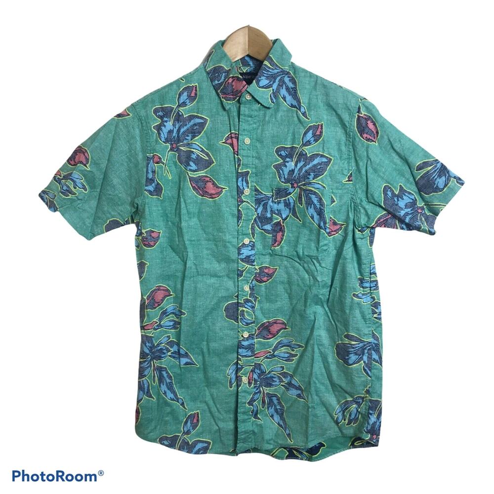 Lands' End Shirt Mens Size Small Short Sleeve Bright Green Floral Button Front